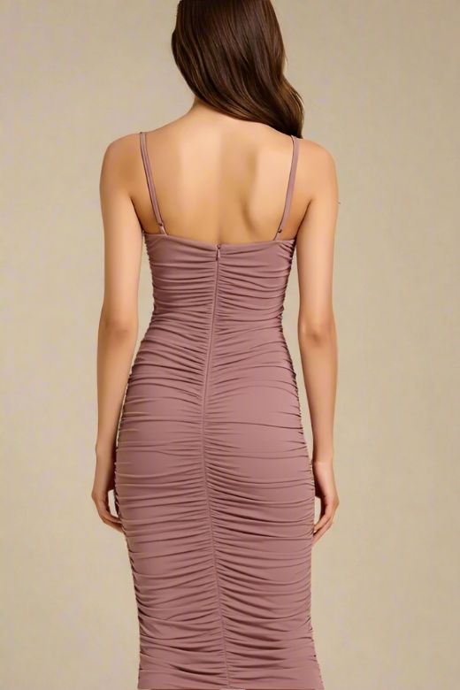Woman wearing a figure flattering  Zoe Bodycon Wrap Maxi Dress - Tan Brown Bodycon Collection
