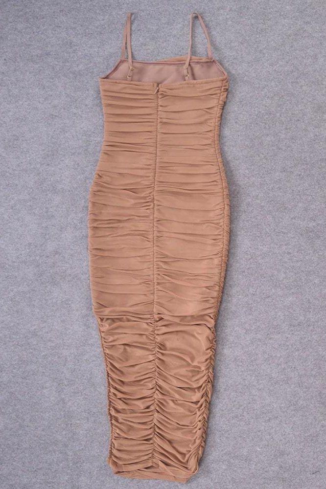 Woman wearing a figure flattering  Zoe Bodycon Wrap Maxi Dress - Tan Brown Bodycon Collection