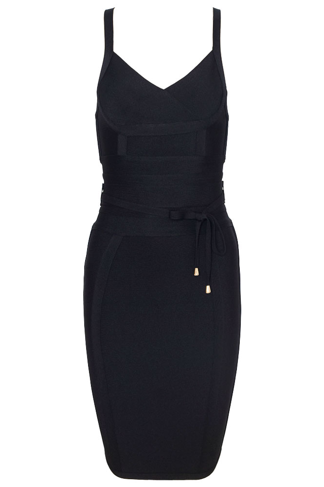 Woman wearing a figure flattering  Bek Bandage Dress - Classic Black Bodycon Collection